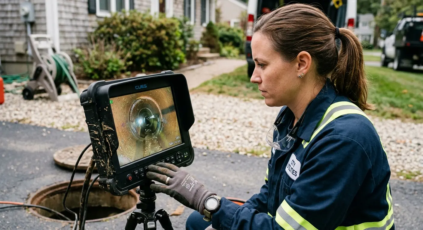 Technician reviewing sewer camera inspection footage in Owings Mills