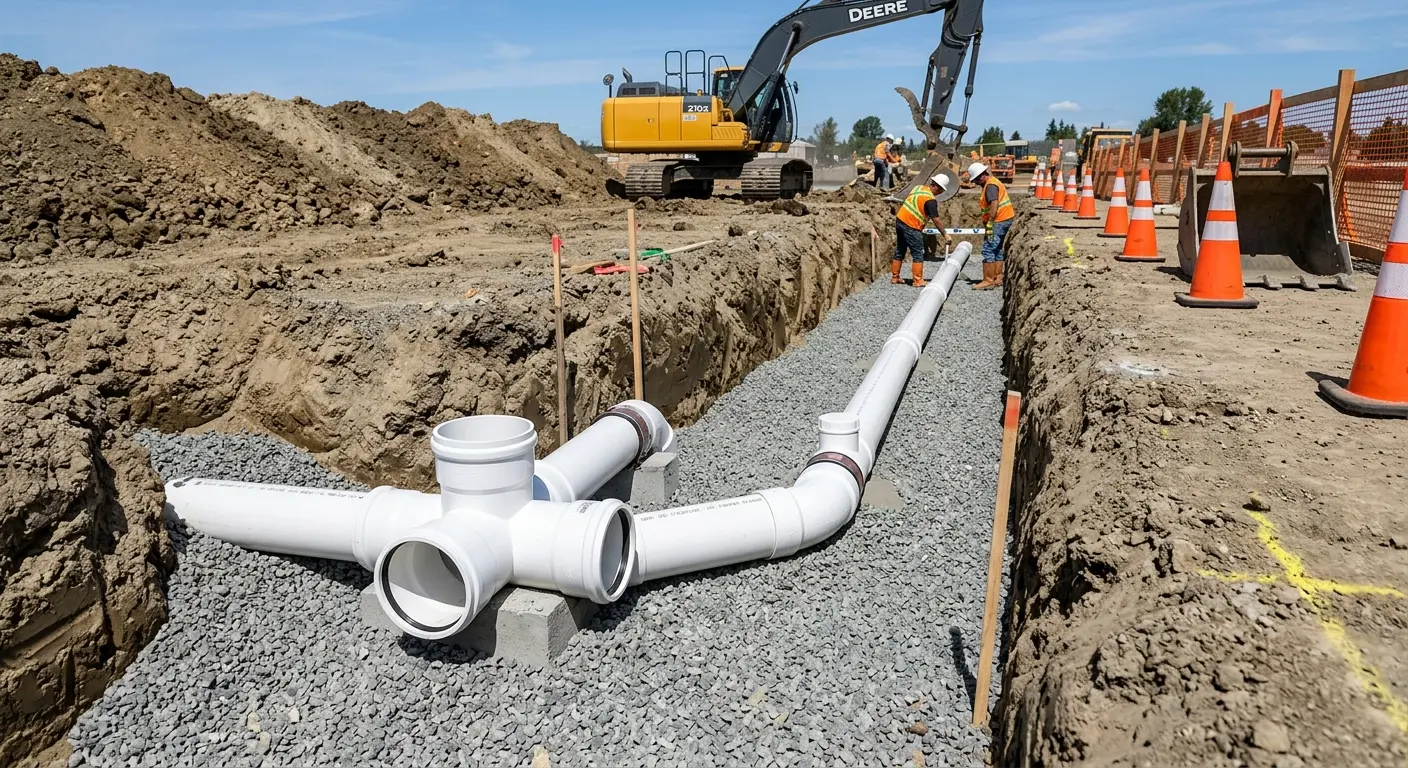 New PVC sewer pipe installation in open trench for Sewer Backup in Owings Mills
