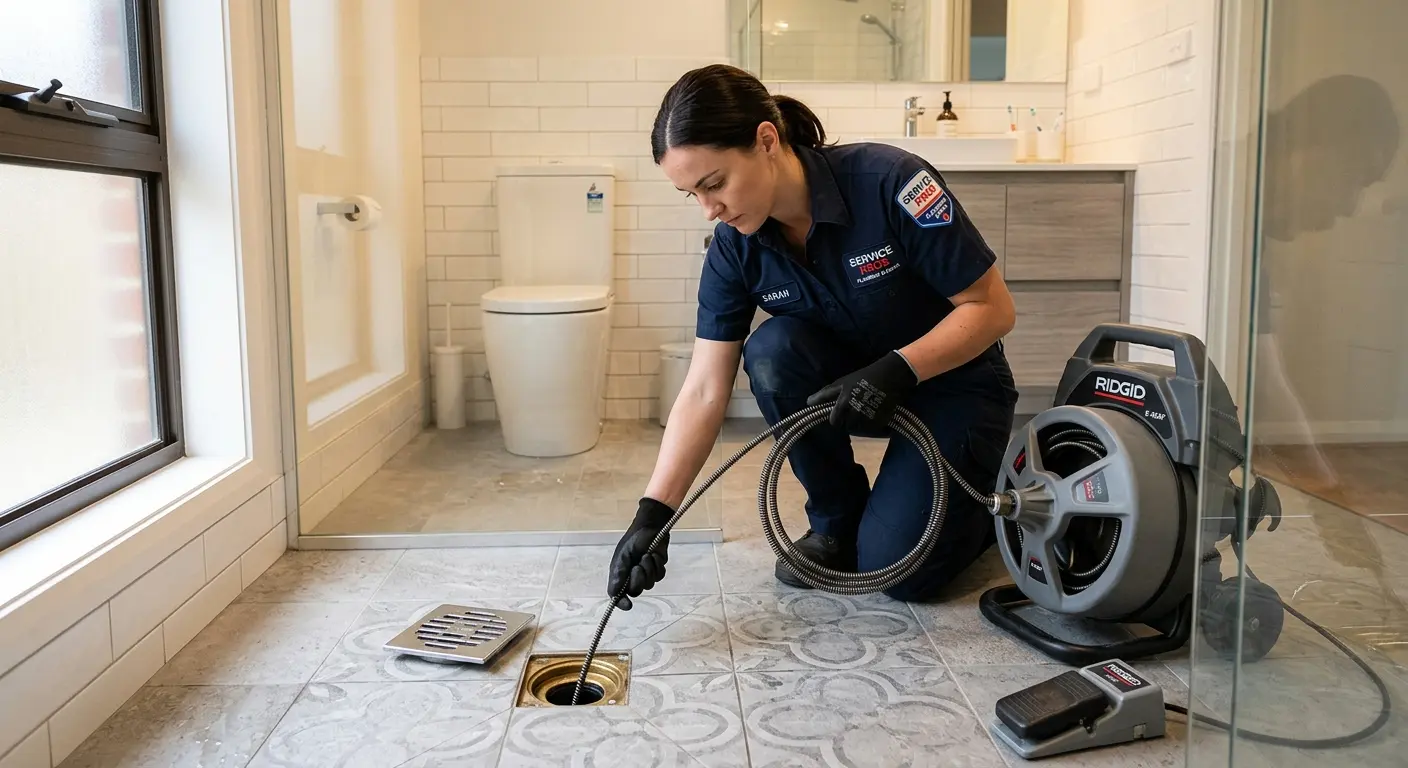 Technician clearing a bathroom floor drain for Drain Cleaning in Owings Mills